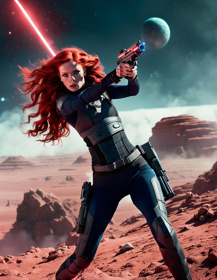 Space Warrior Firing Rifle on Alien Planet