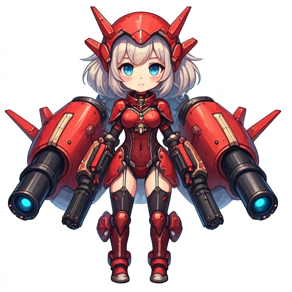 anime girl in red futuristic mech armor, oversized sci-fi gauntlets, twin cannons, mechanical jetpack, cute and powerful...