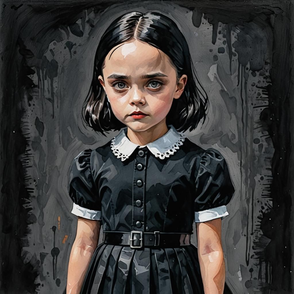 Wednesday Addams Little Girl in Gouache Style