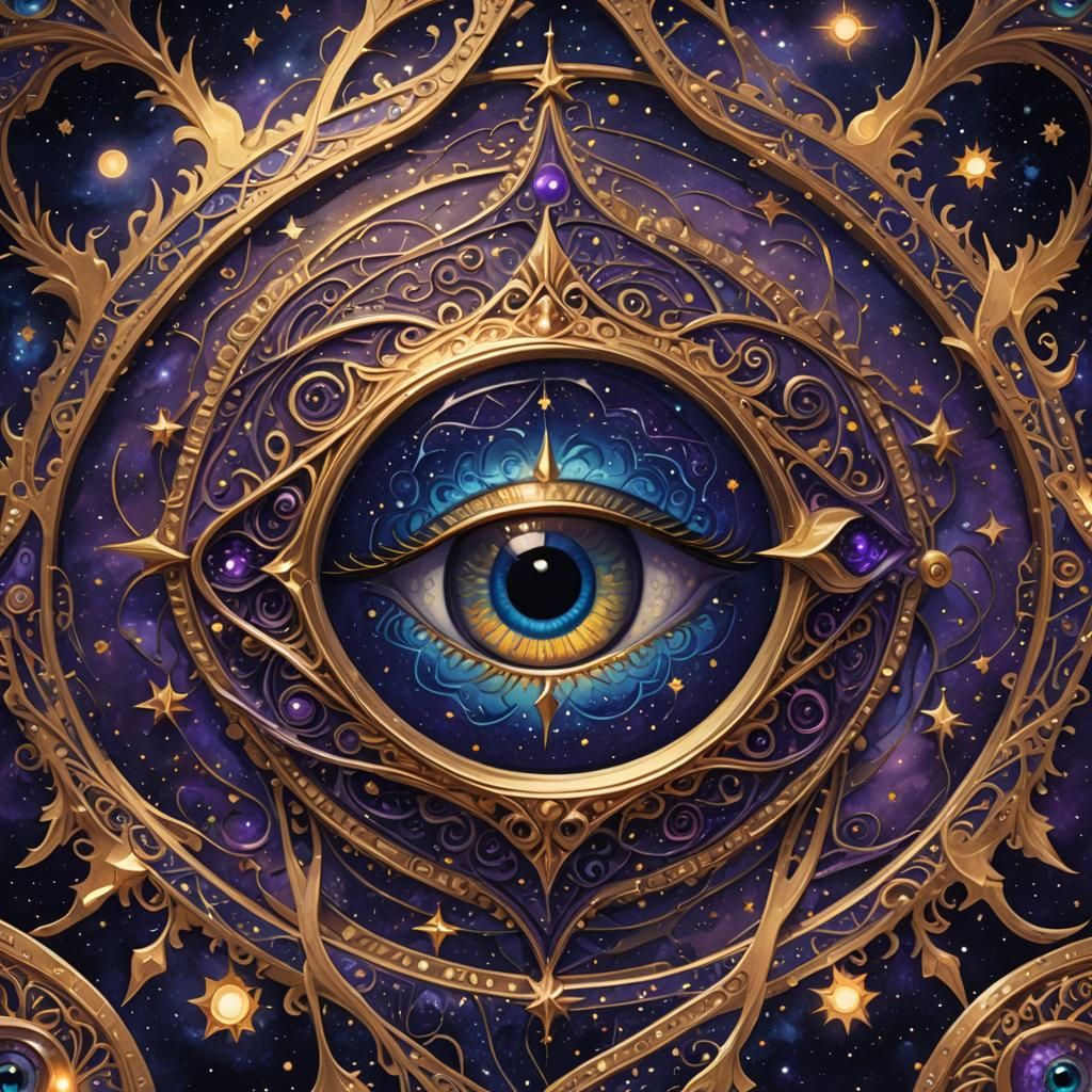 Glowing Evil Eye of Protection in Galaxy: Digital Art
