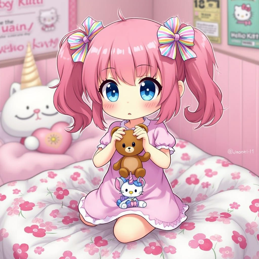 Cute Anime Girl with Teddy Bear in Kawaii Room