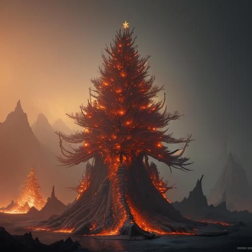 Fiery Christmas Tree in Hellish Landscape