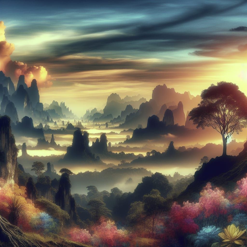 Misty Landscape with Lone Tree as Digital Painting