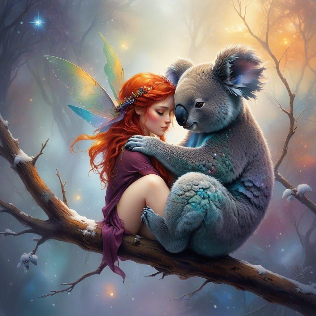 Whimsical Fairy and Koala Share a Tender Moment in a Frosty ...