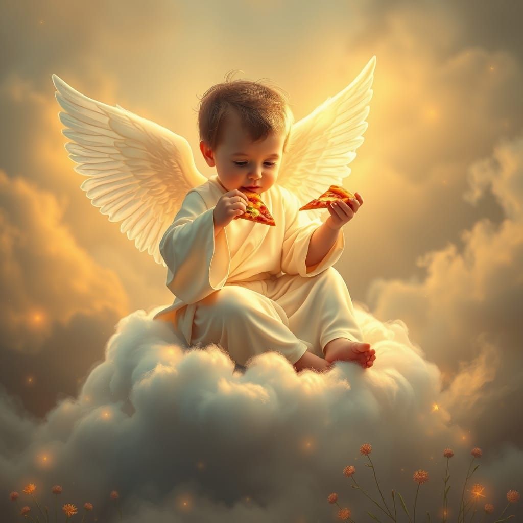 Angel on Cloud Reaching for Pizza, Ethereal Digital Art