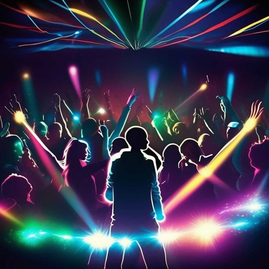 Nightclub DJ with Dancing Crowd and Flashing Lights