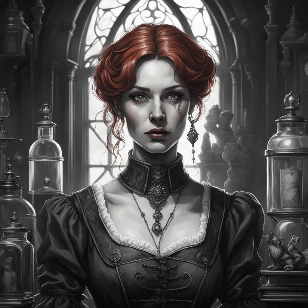 Gothic Portrait: Redhead with Mouse in Dark Fantasy Style