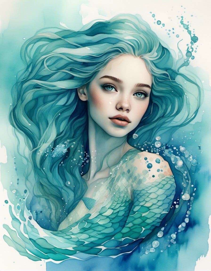 Ethereal Mermaid in Turquoise Watercolour Portrait