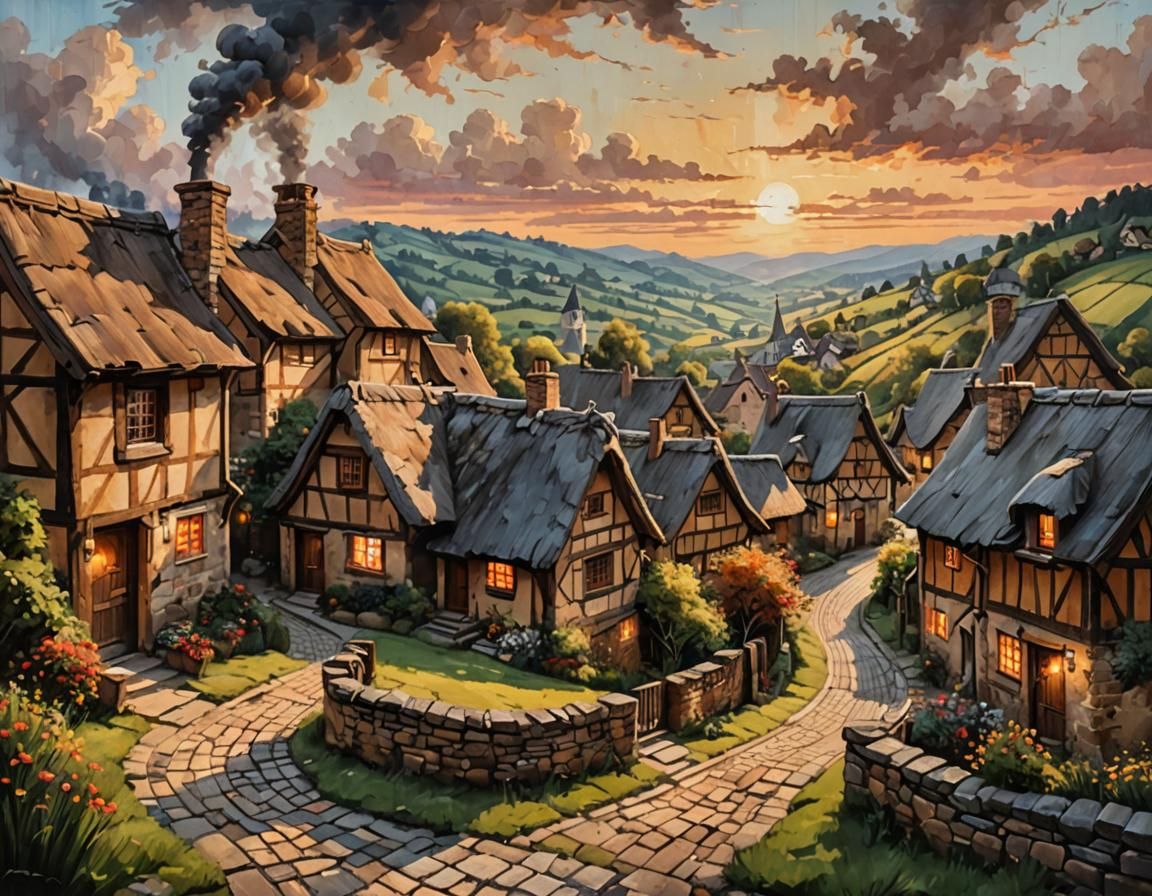 Rustic Village Sunset: Acrylic Masterpiece Art