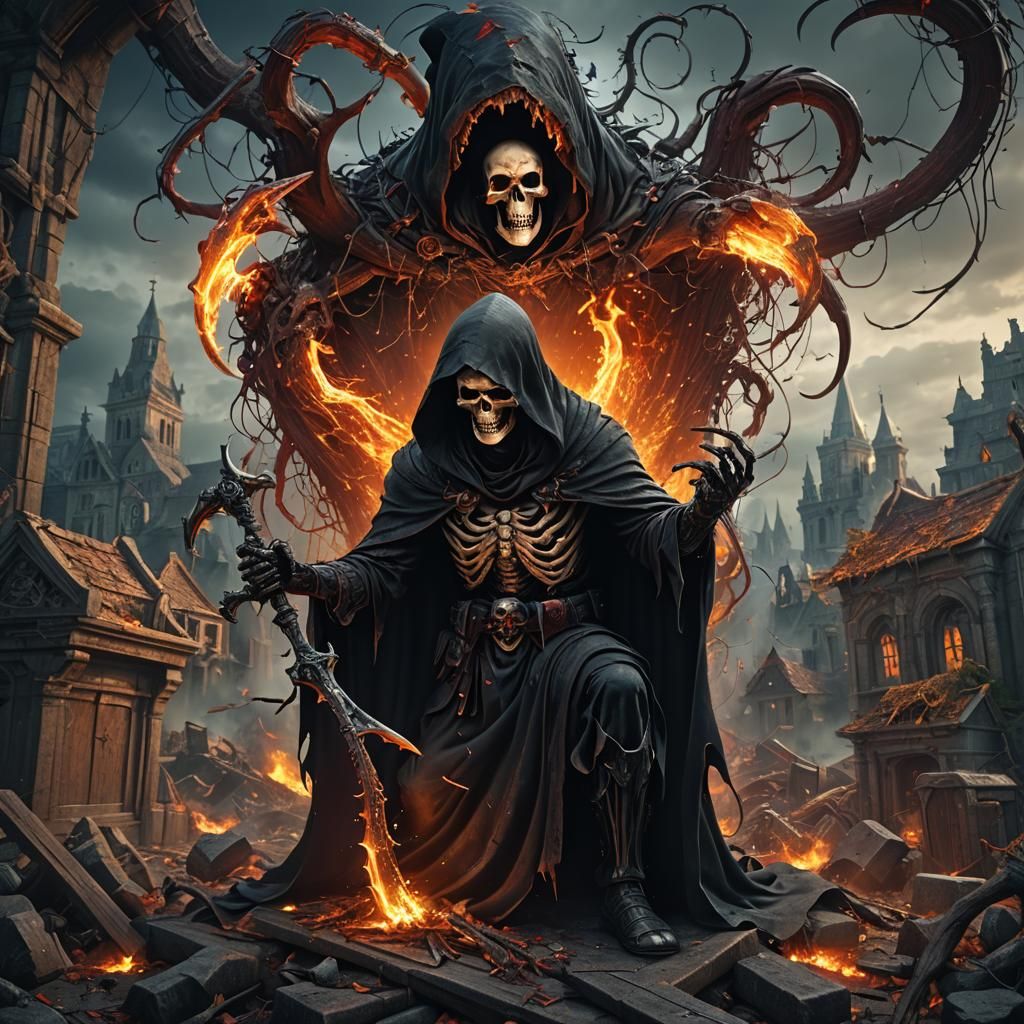 Grim Reaper's Computer Stress: Hyperrealistic Artstation Pho...