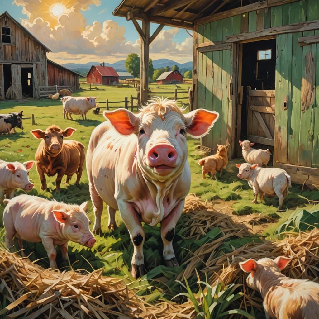 Whimsical Farmhouse Scene with Surprised Animals