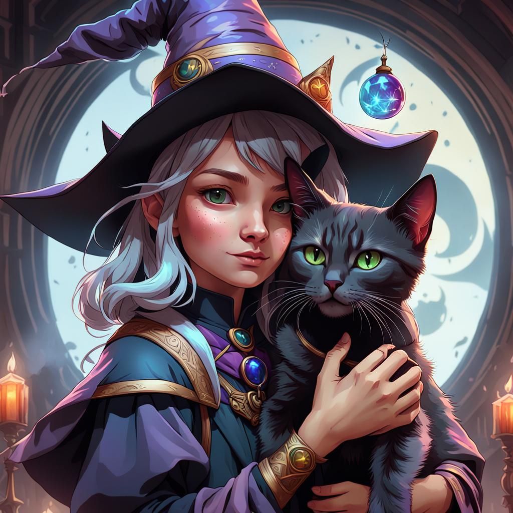 A little witch holding her pet cat, both ready for the first...