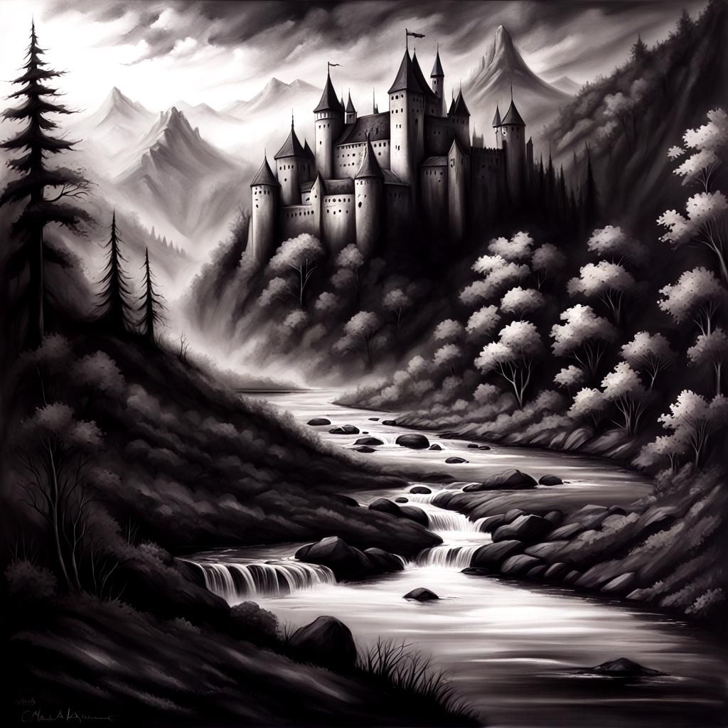 Epic Charcoal Landscape with Ancient Castle