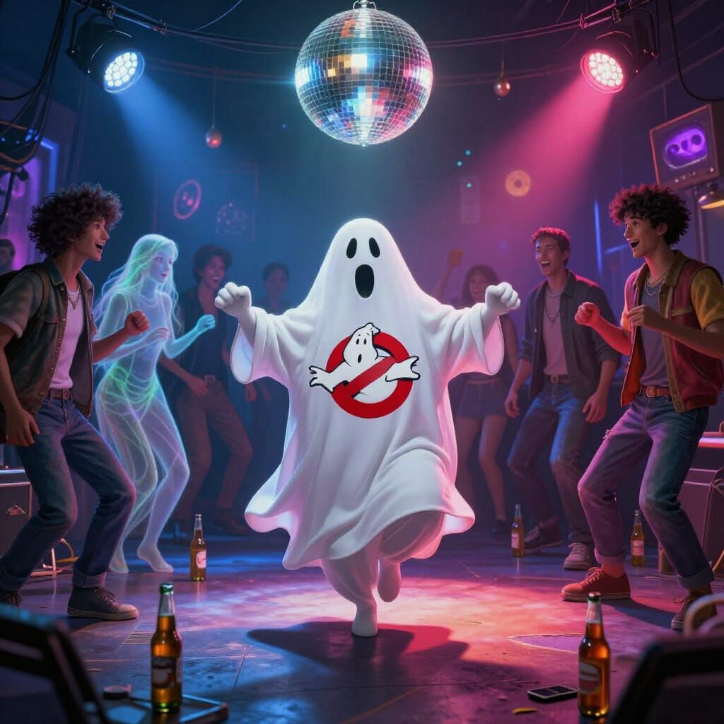 Friendly Ghost Dances with Crowd in Disco Hall