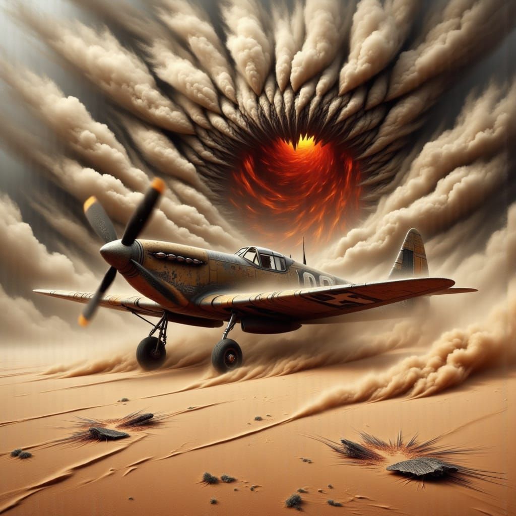 Vintage Spitfire Chased by a Turbulent Desert Sandstorm