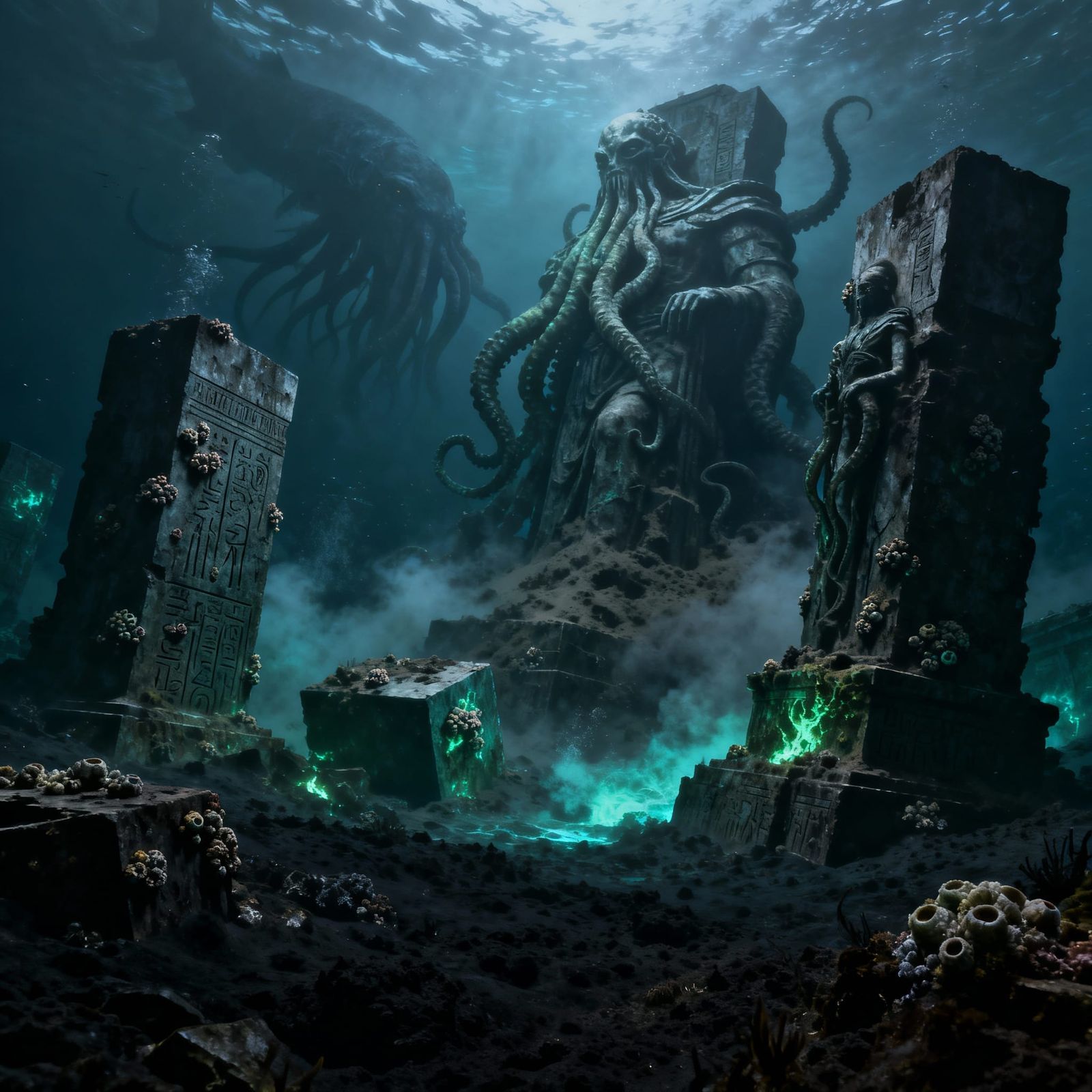 Cyclopean Ruins Submerged in Abyssal Ocean Depths