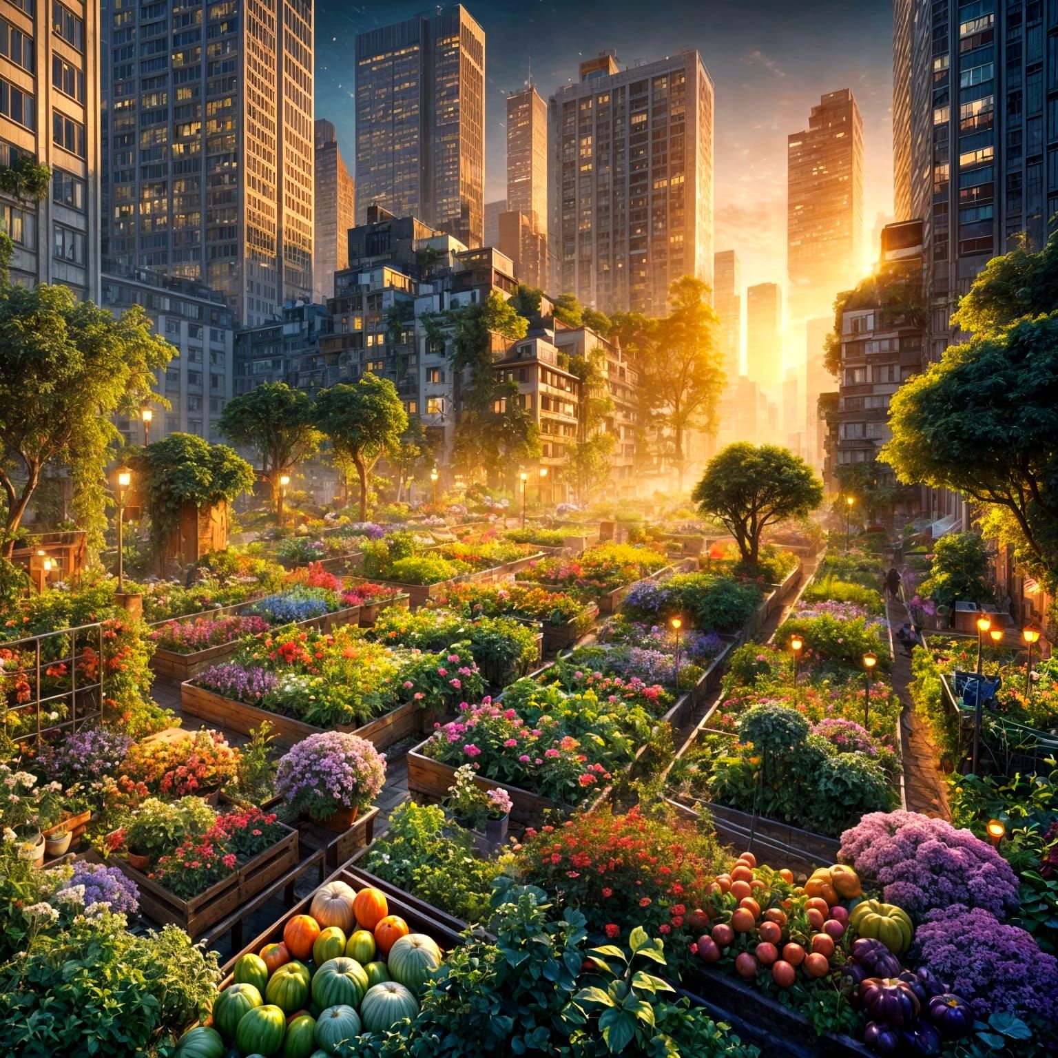 Hyperrealistic Urban Garden Panorama at Golden Hour