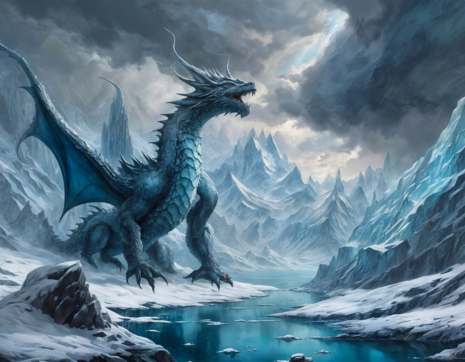 Majestic Ice Dragon Reigns Over a Frigid, Turquoise Lake