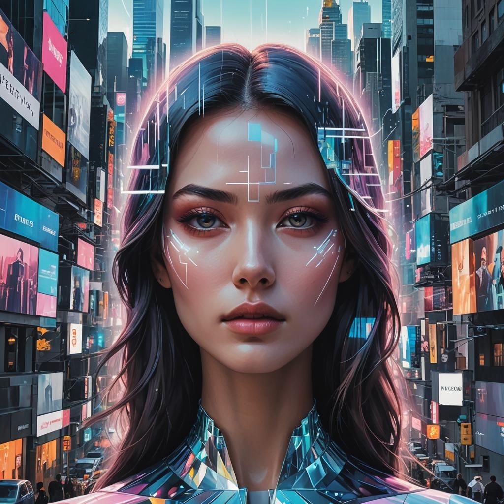 Duality: Pretty vs. Natural Face in Dystopian Cityscape