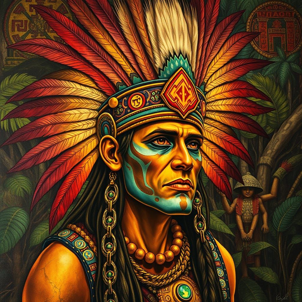 Mayan Priest Mural Portrait with Cosmic Colors