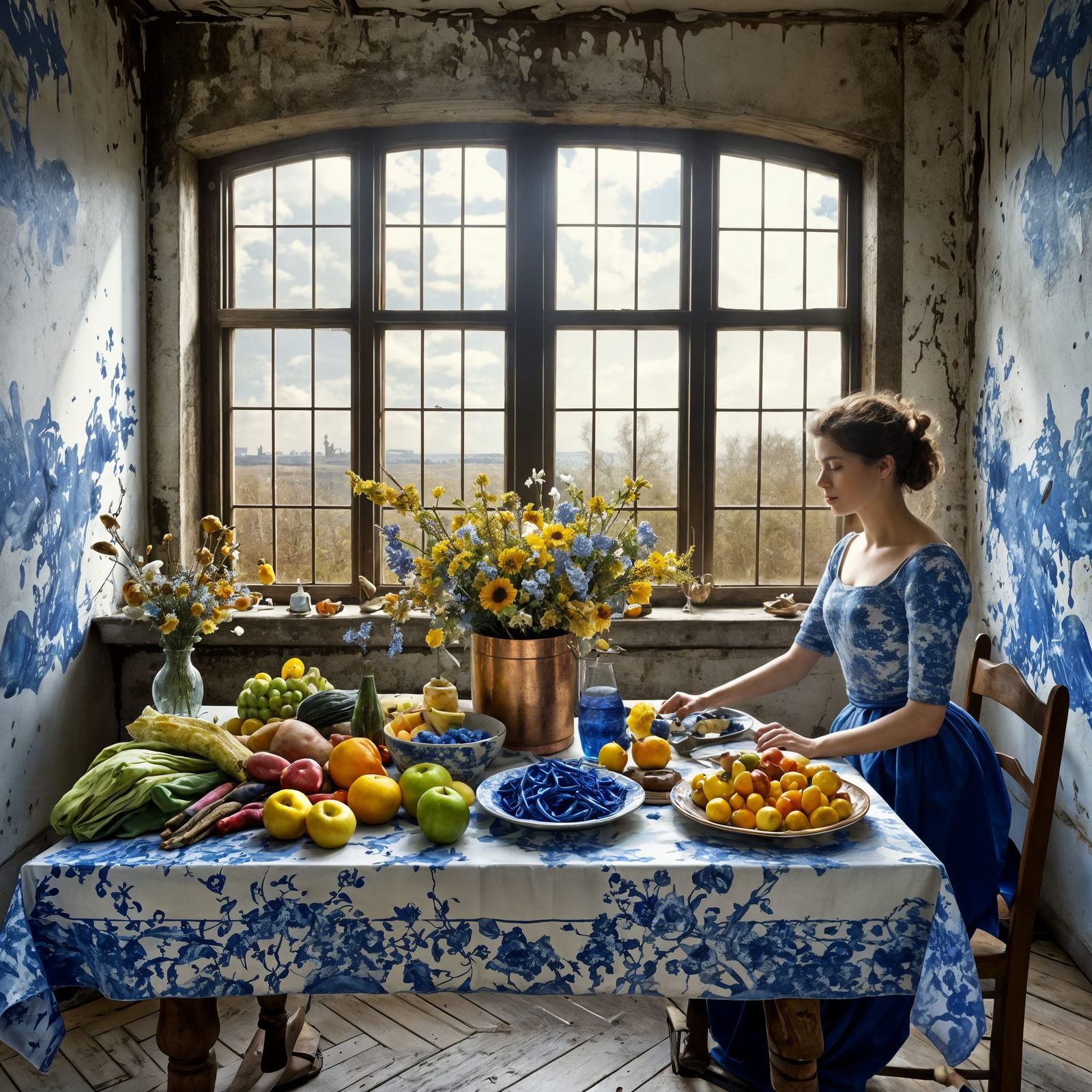 Golden and Delft Blue Flowers in Magical Realism Style