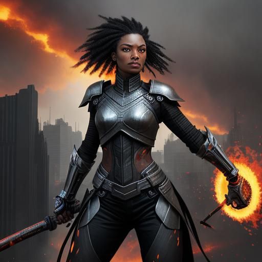 Fiery Black Warrior Goddess in Apocalyptic Cityscape