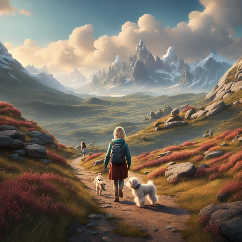Blonde Girl and Dog in Mountain Landscape