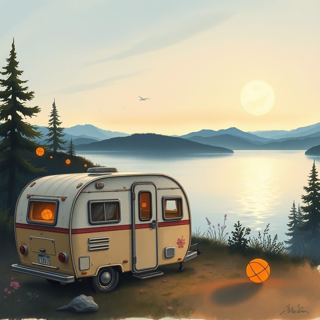 Vintage Caravan by a Lake at Dusk, Watercolor Style