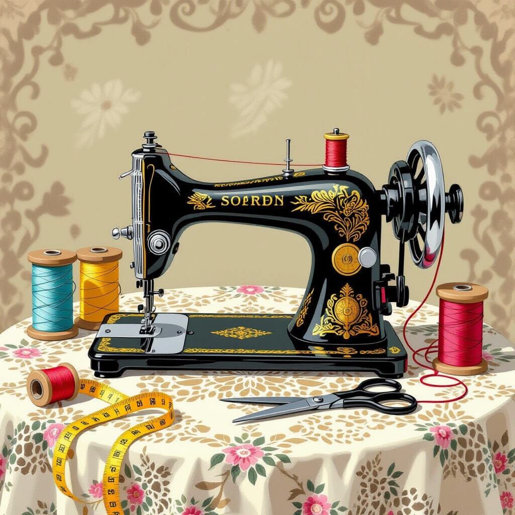 Ornate Vintage Sewing Machine in Surreal Postcard Style