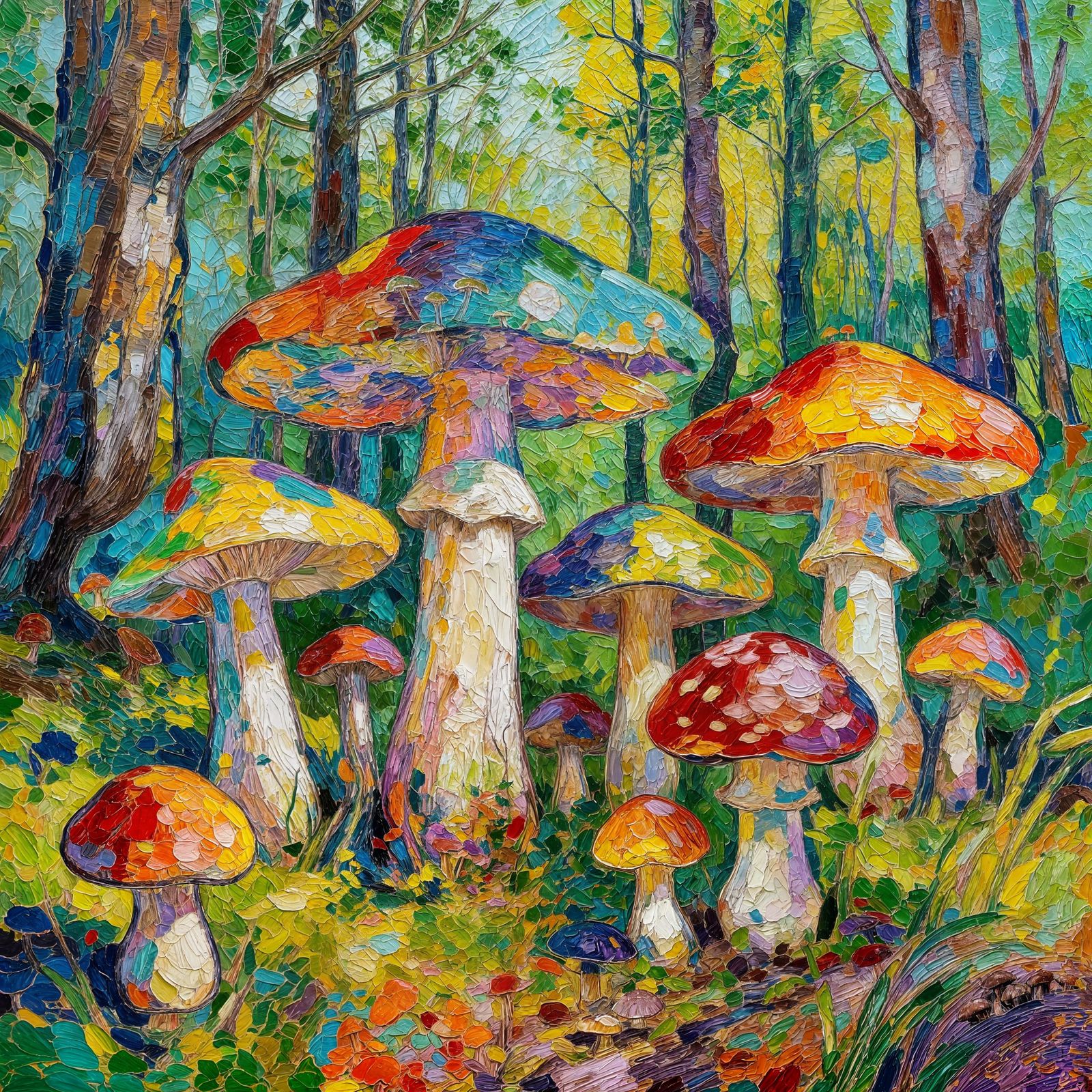 Psychedelic Mushrooms in Forest Clearing, Neo-Impressionist ...