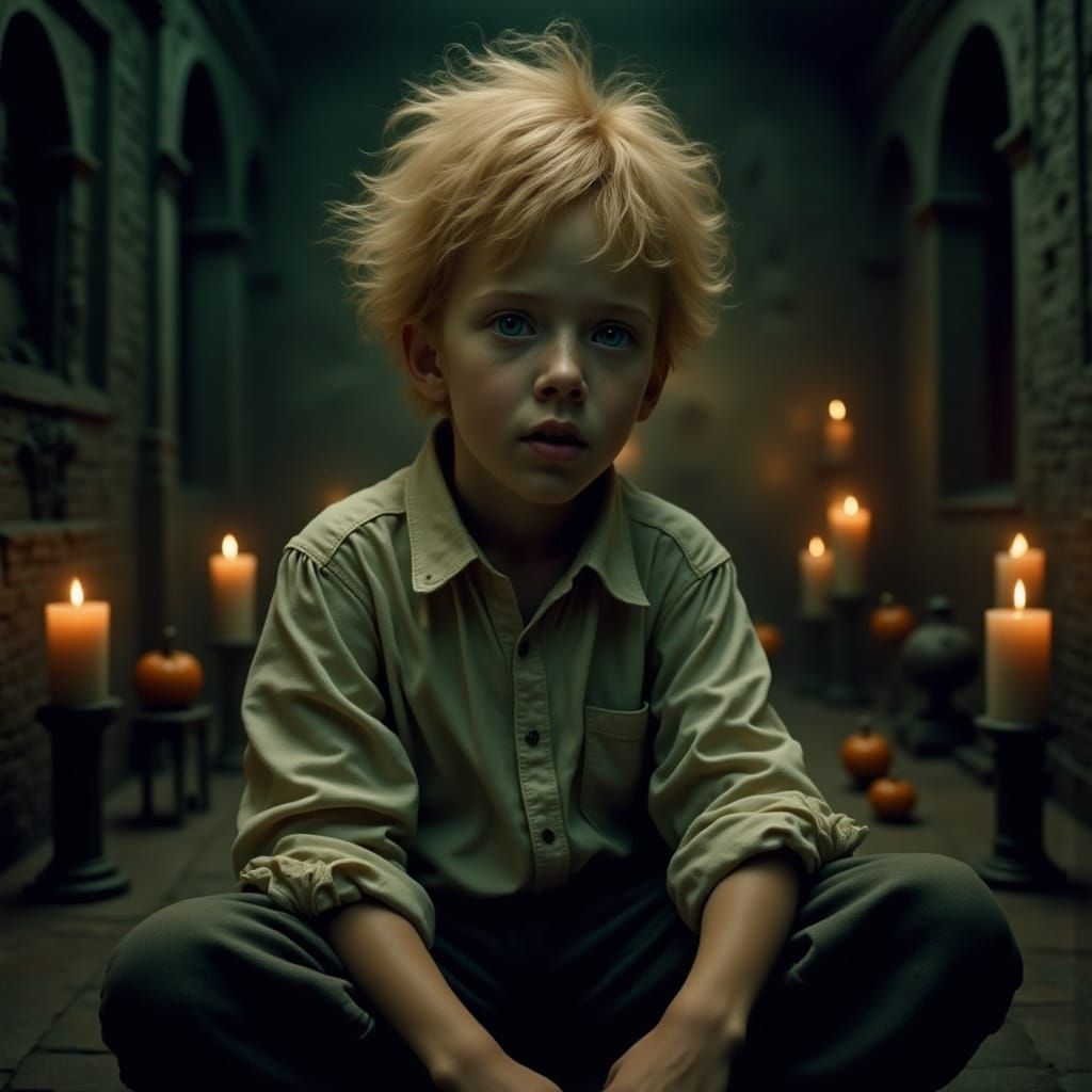 Mysterious European Boy in a Haunting Dark Room