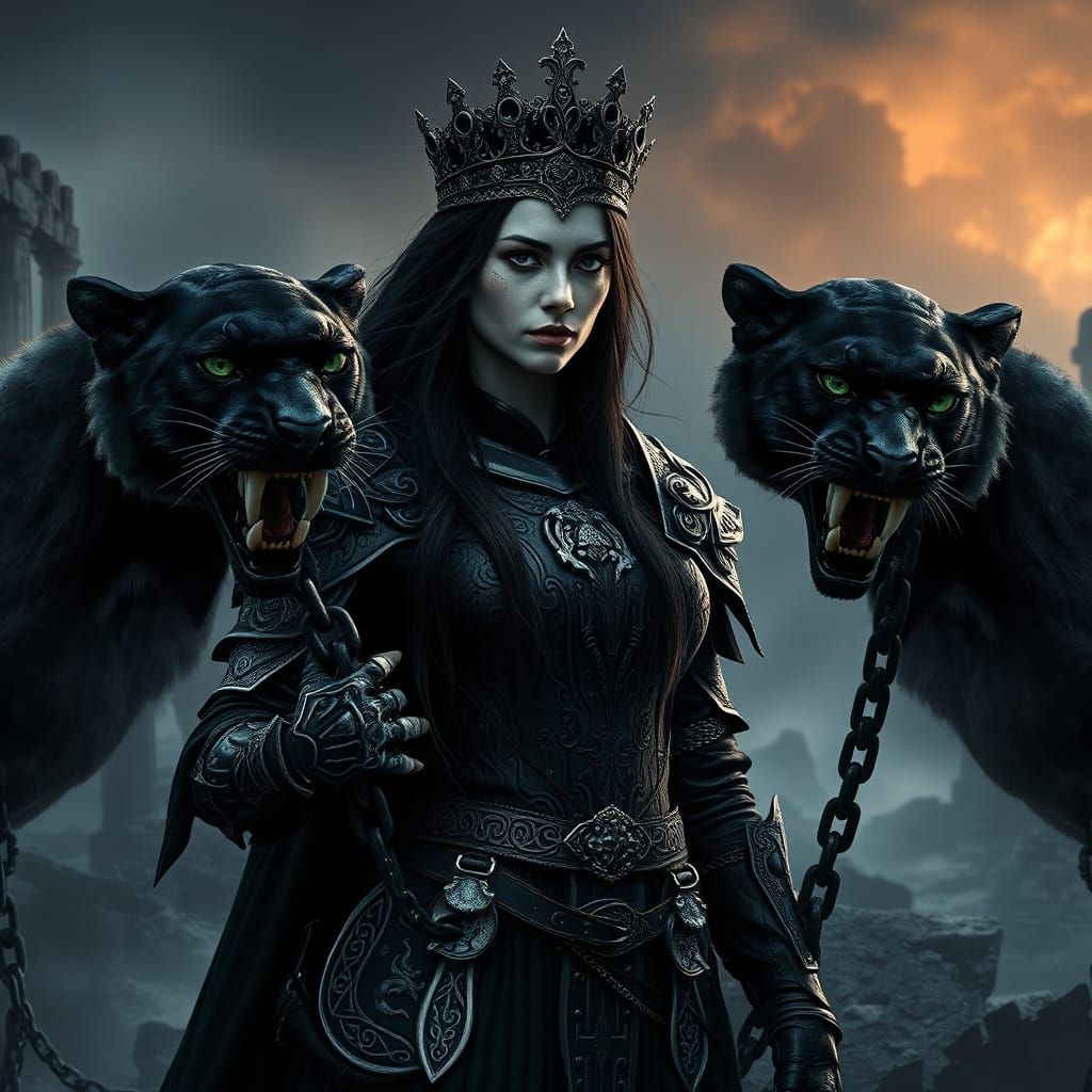 Gothic Warrior Woman with Cougars in Dark Battlefield