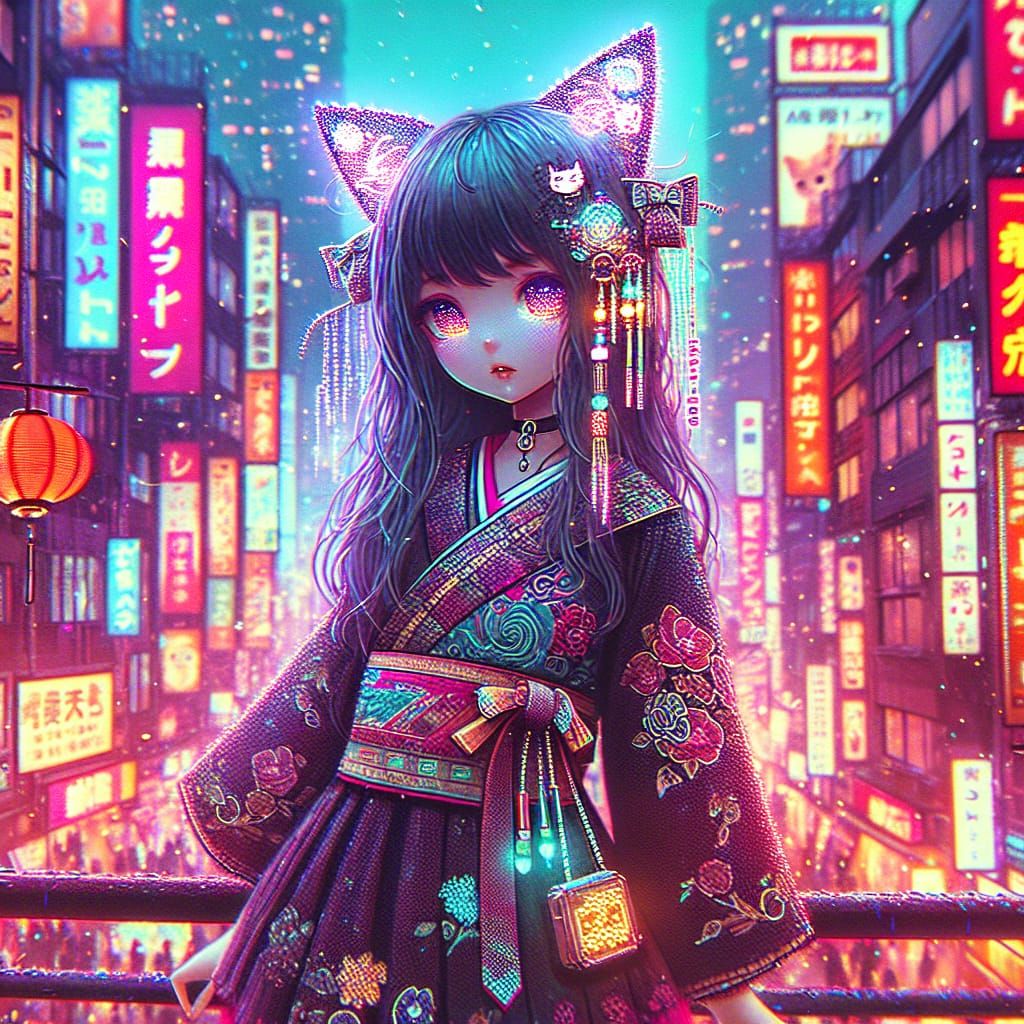 Cyberpunk Witch Girl in Neon Cityscape