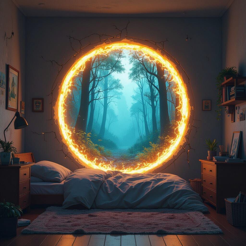 Mystical Forest Portal in Bedroom, Digital Matte Painting