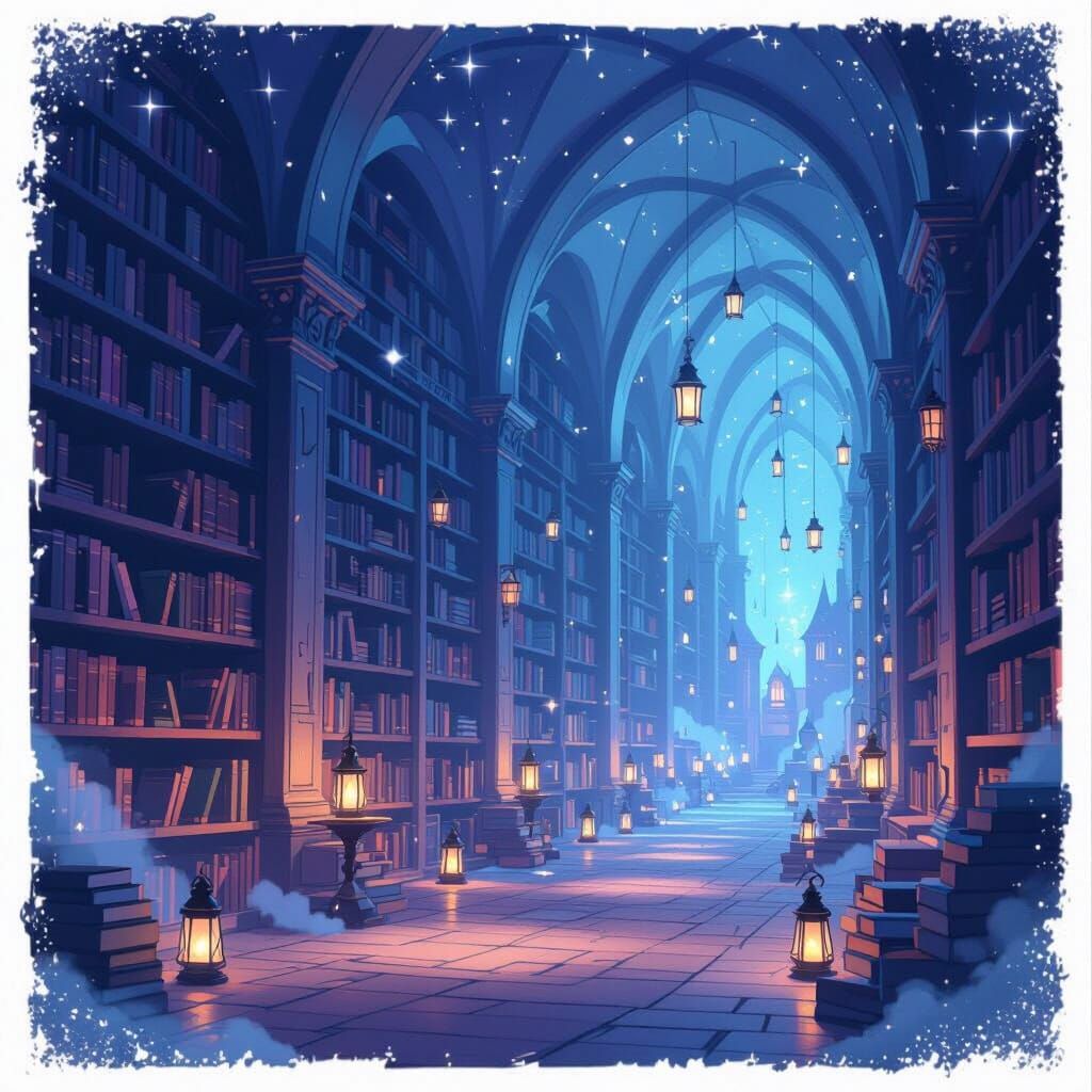 Magical Library Interior with Floating Stardust in Lavender ...