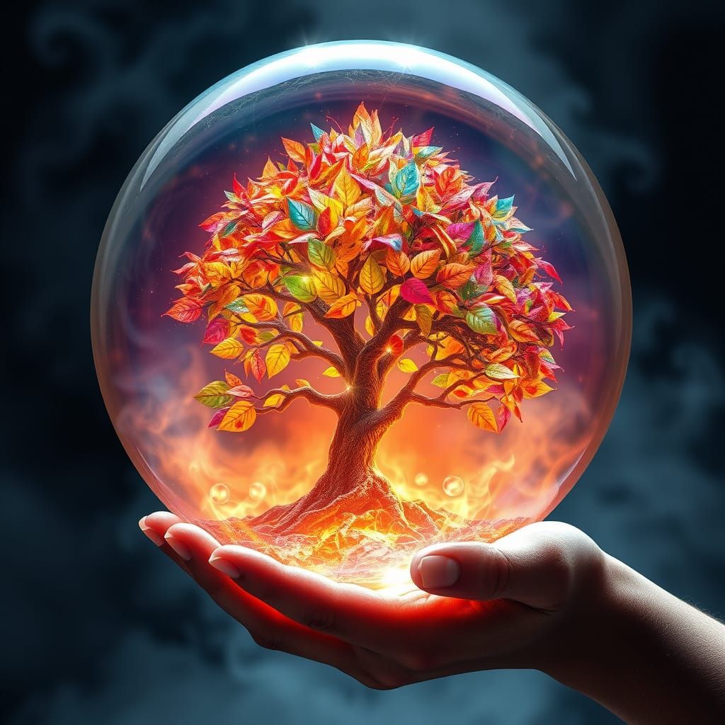 Enchanted Tree Blazes Within Crystal Orb