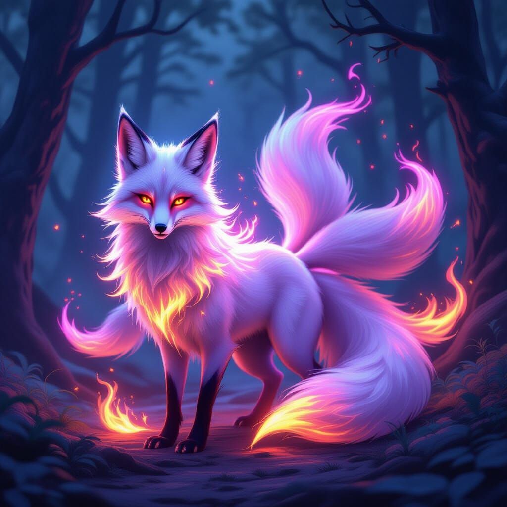 Majestic Nine-Tailed Fox with Spectral Flames