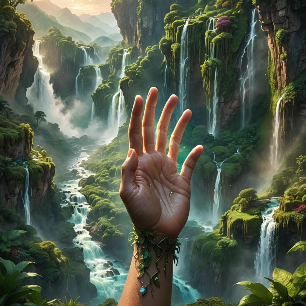 Giant Hand Cradling Valley: Surreal Fantasy Art