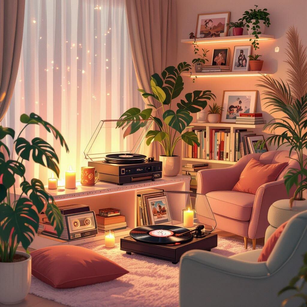 Cozy Anime Interior with Warm Lighting and Pastel Accents