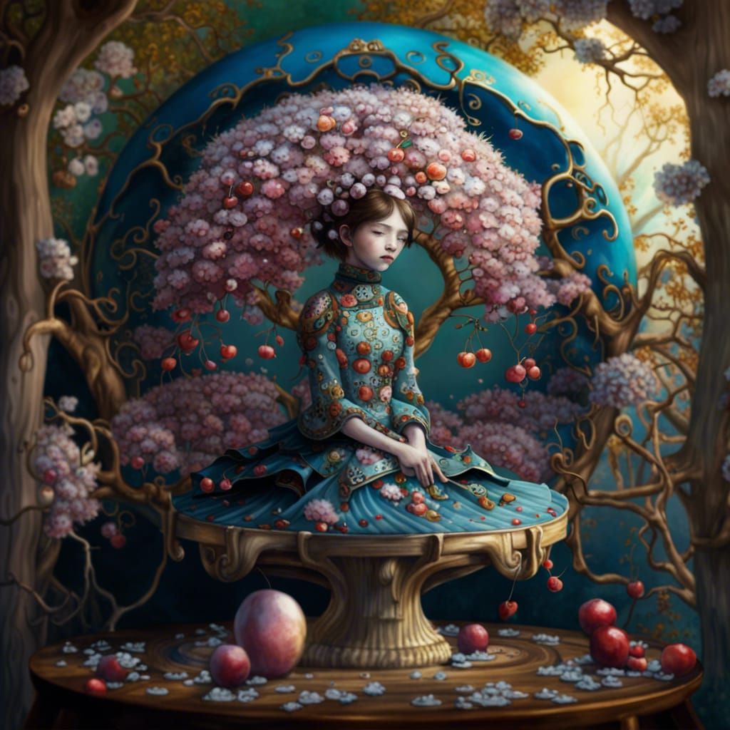 Magical Cherry Blossom Landscape, Mixed Media Art