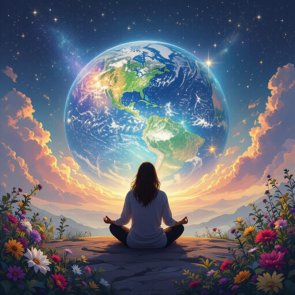 Meditating Figure in a Vibrant Fantasy World