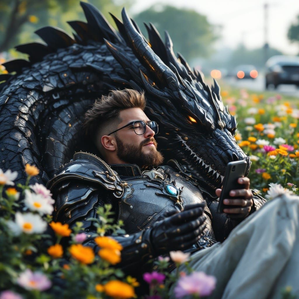 Futuristic Knight Finds Solace in Ancient Dragon's Presence