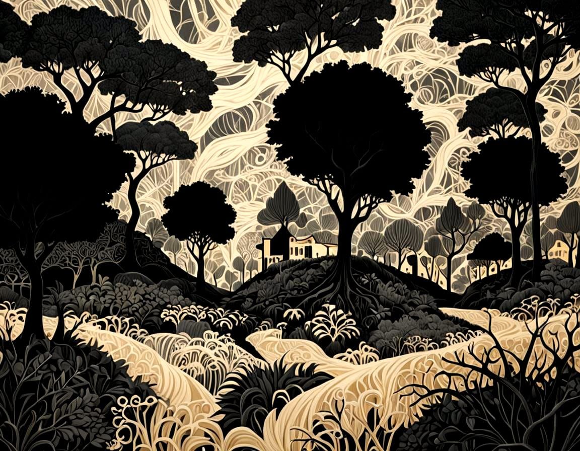 Minimalist Neo-Primitive Ink Drawing of Vast Landscapes