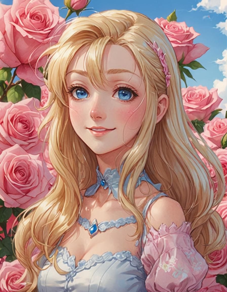 Anime-Style Portrait of Smiling Blonde Woman with Roses