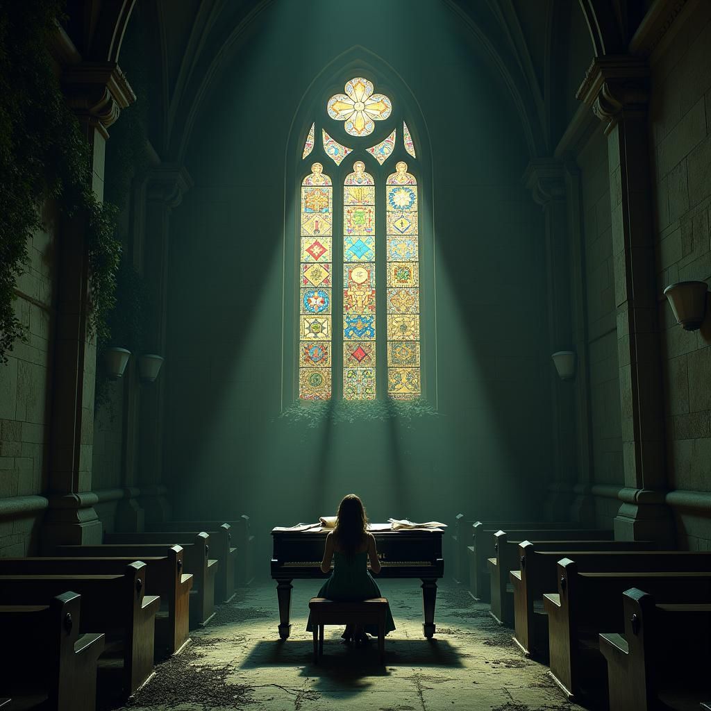 A desolate church, with a beautiful stained glass window who...