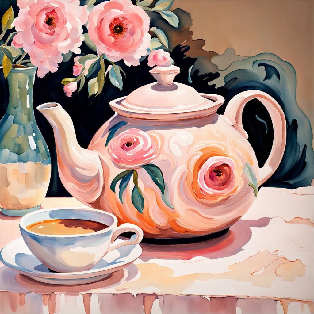 Water Pouring into Teapot, Gouache Watercolor Style