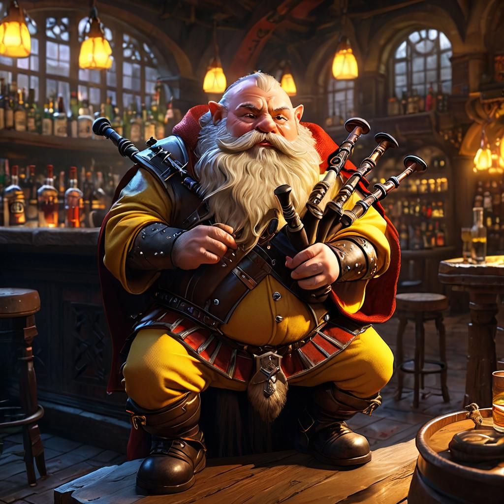 Magical Dwarf Plays Bagpipes in Fantasy Art