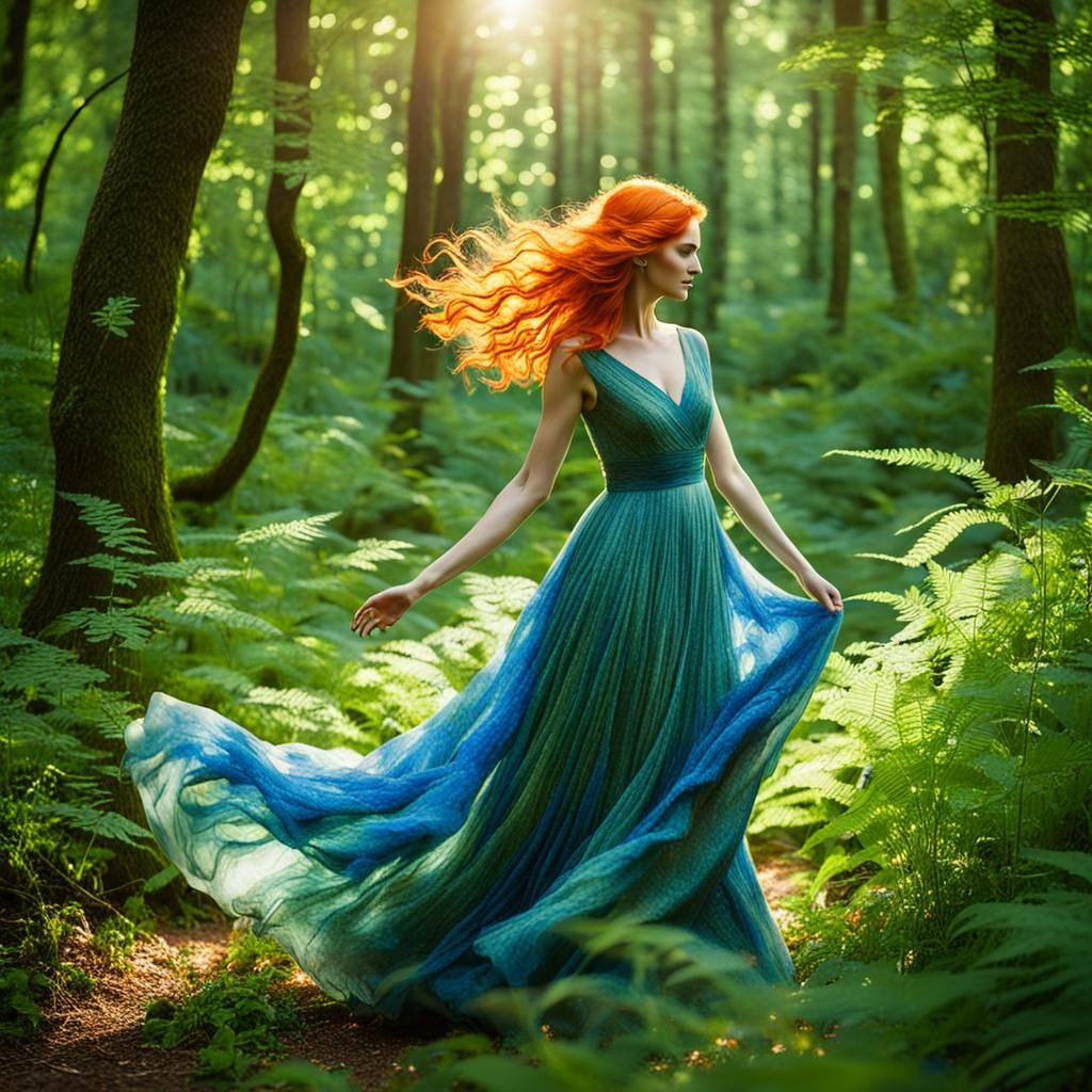 Girl Dancing in Forest with Orange Hair, Fantasy Art
