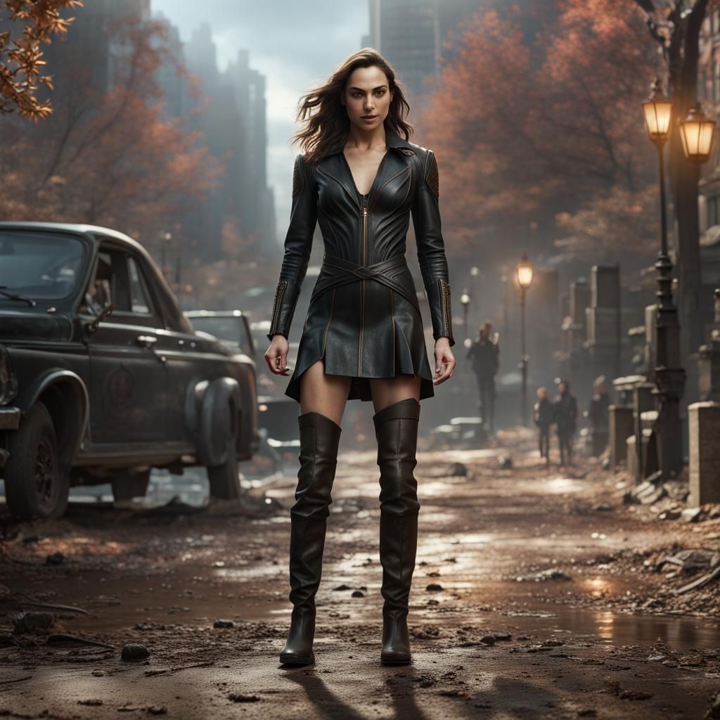 Leather Dress Portrait in Urban Park, Digital Art