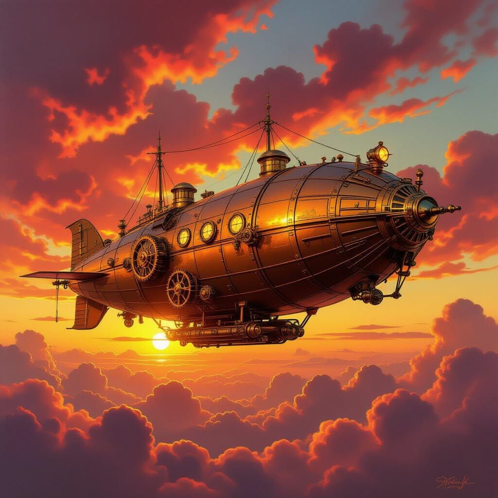 Steampunk Airship Soaring Through Fiery Sunset Sky
